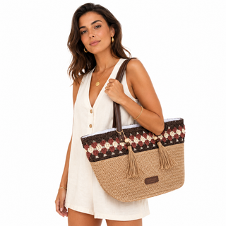 Bolso Tote Tostado Bordado con Tassel