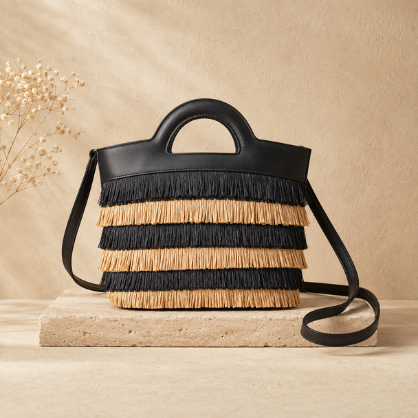 Bolso de Hombro con Flecos Negro y Arena
