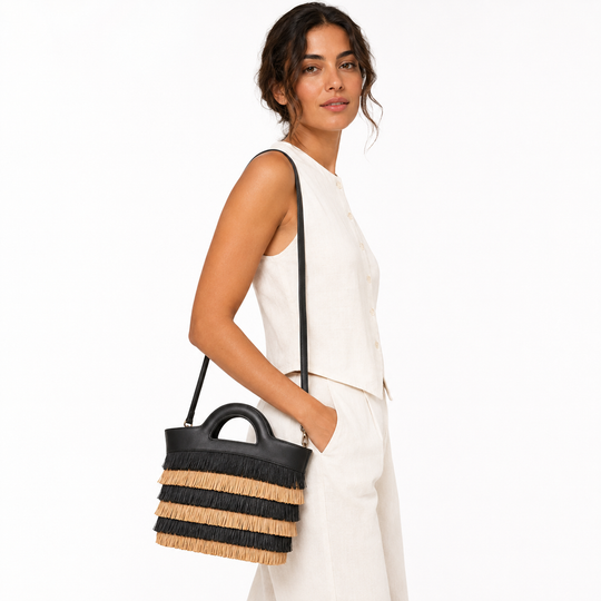 Bolso de Hombro con Flecos Negro y Arena