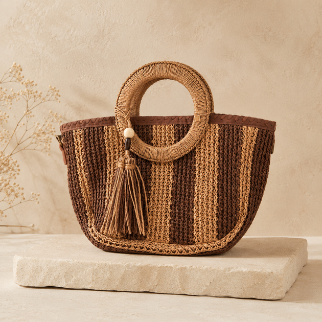 Capazo Bicolor con Asas Redondas y Tassel