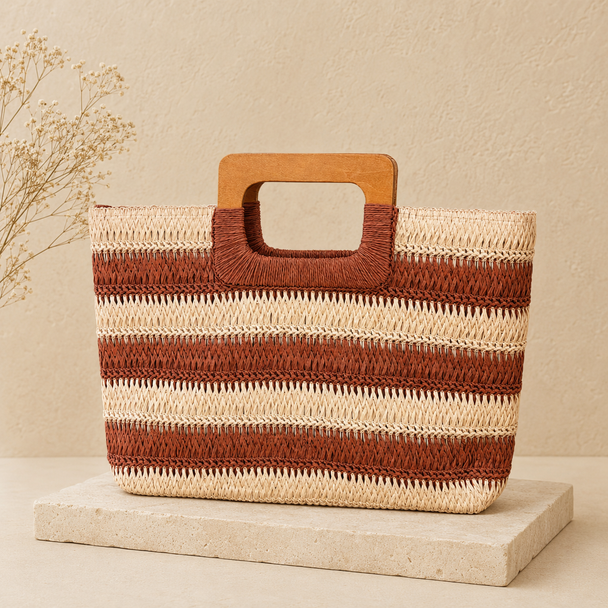 Bolso Tote de Rayas Teja con Asas de Madera