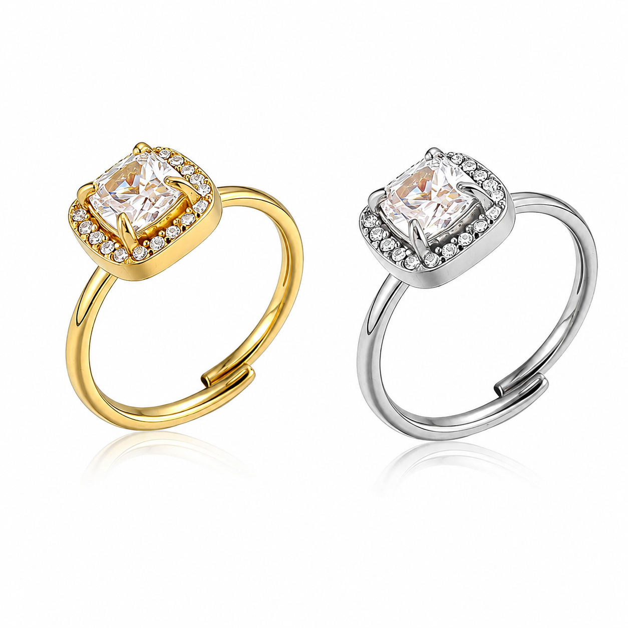 Anillo Ajustable con Piedra Cuadrada y Brillantes – Dorado o Plateado