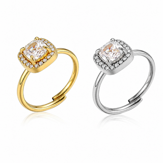Anillo Ajustable con Piedra Cuadrada y Brillantes – Dorado o Plateado