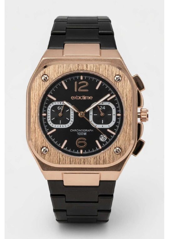 Reloj Exactime Cronógrafo Rose Gold - Correa Negra