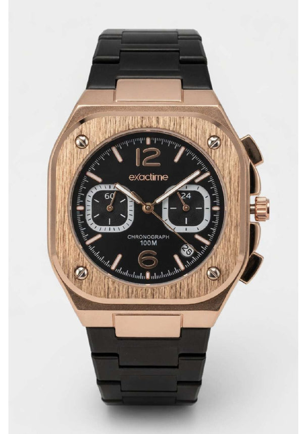 Reloj Exactime Cronógrafo Rose Gold - Correa Negra