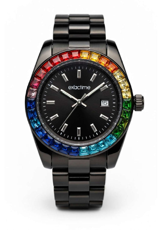 Reloj Exactime Full Black con Bisel Arcoíris