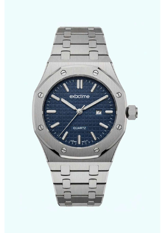 Reloj Exactime Octagonal Plateado - Esfera Azul Texturizada