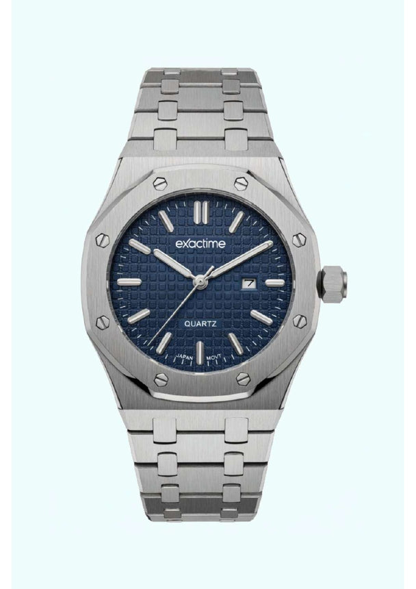 Reloj Exactime Octagonal Plateado - Esfera Azul Texturizada