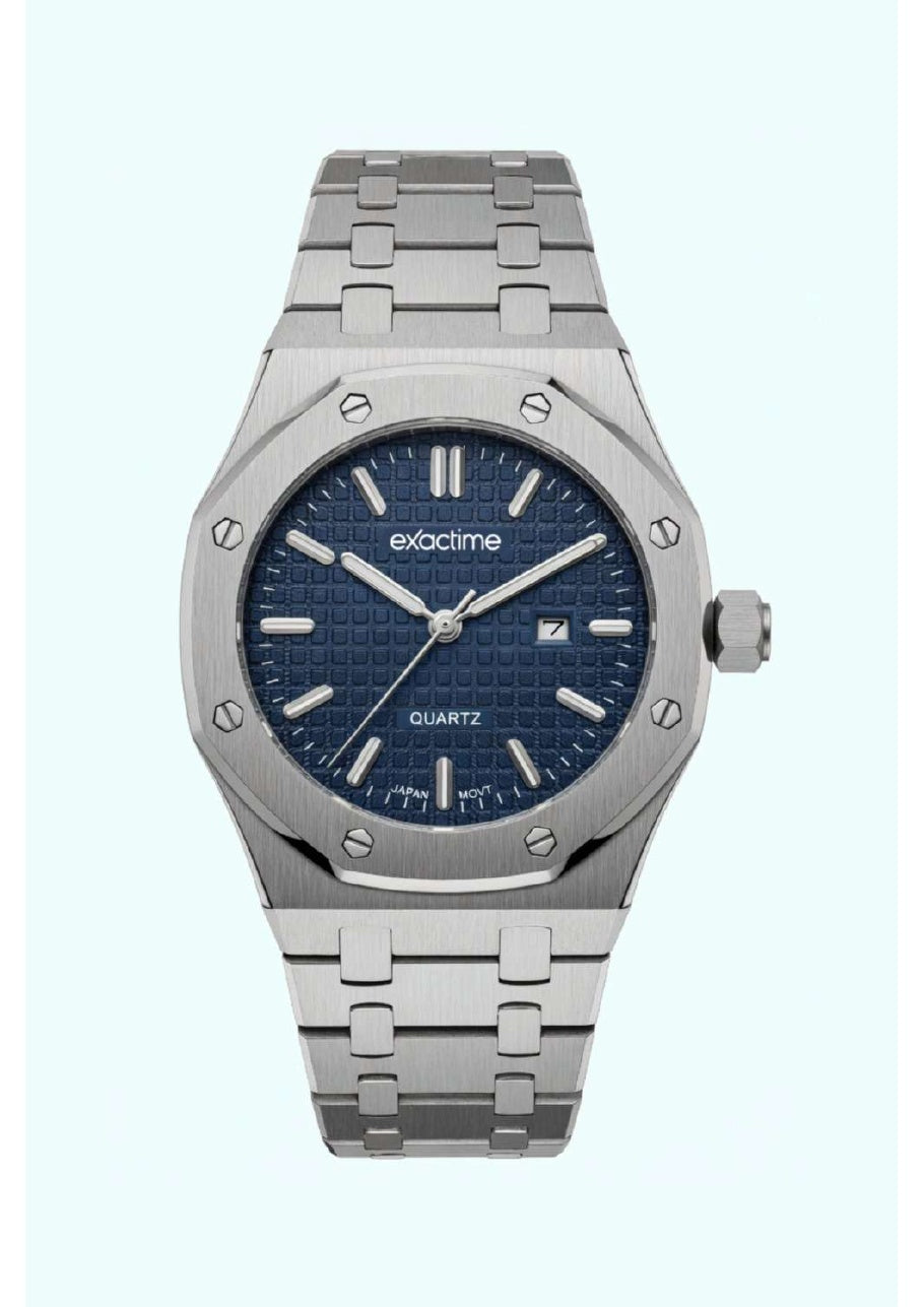 Reloj Exactime Octagonal Plateado - Esfera Azul Texturizada