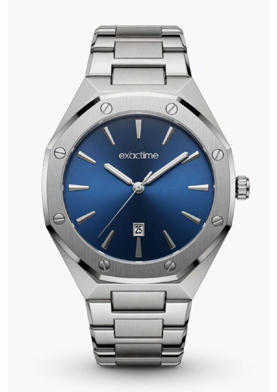 Reloj Exactime Octagonal Plateado - Esfera Azul