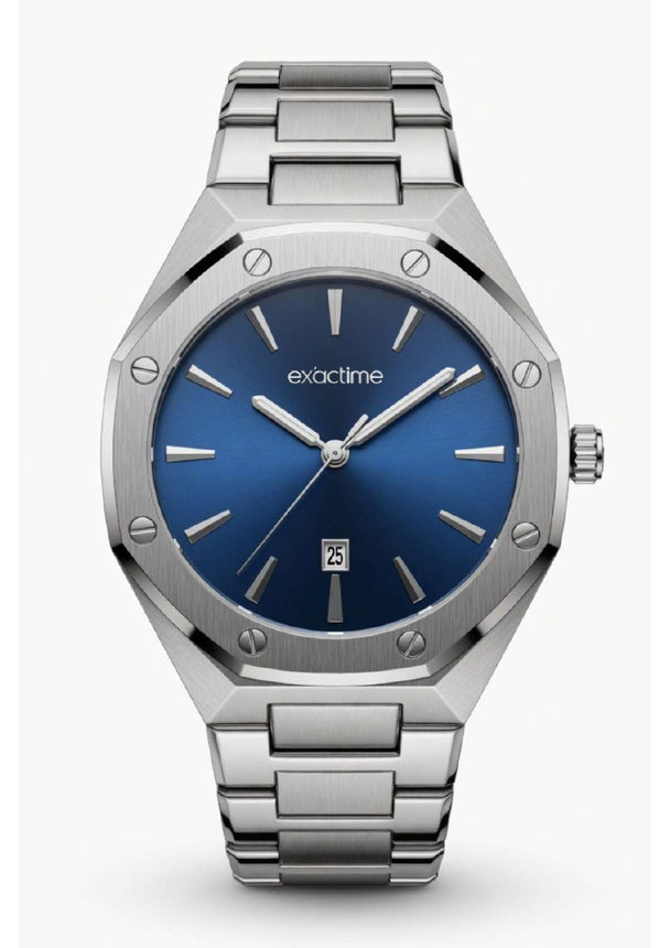 Reloj Exactime Octagonal Plateado - Esfera Azul