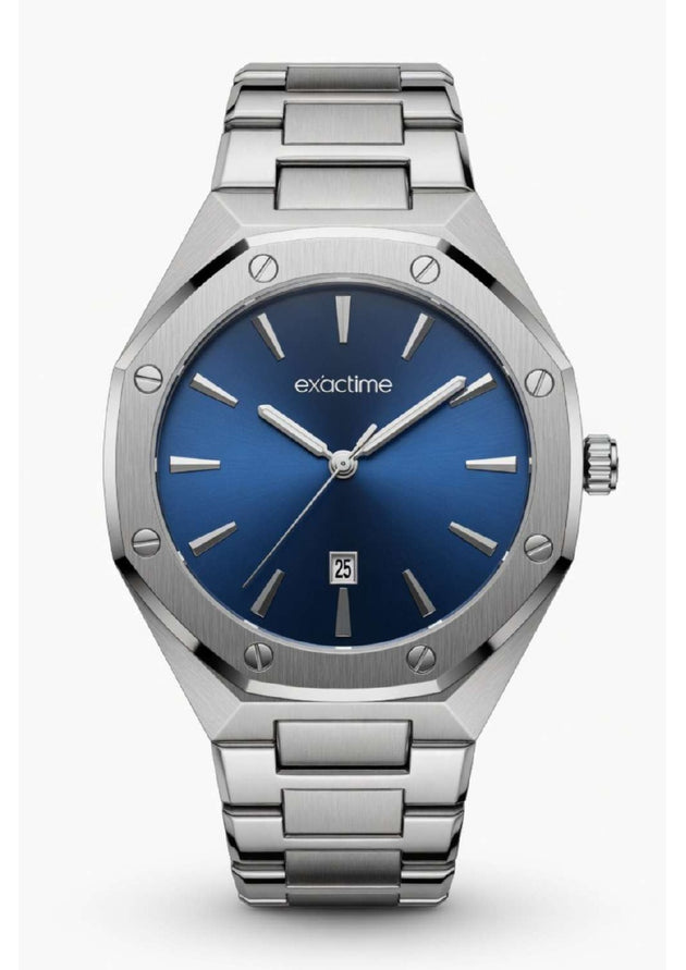 Reloj Exactime Octagonal Plateado - Esfera Azul