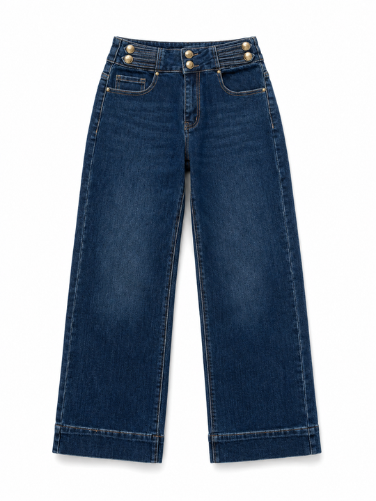 Jeans wide leg azul de tiro alto para mujer con botones dorados