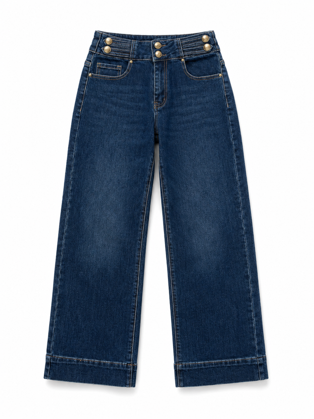 Jeans wide leg azul de tiro alto para mujer con botones dorados