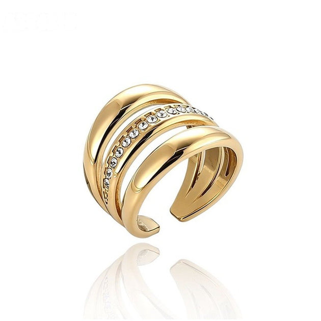 Anillo ancho multibanda con circonitas dorado - Keoki Shop