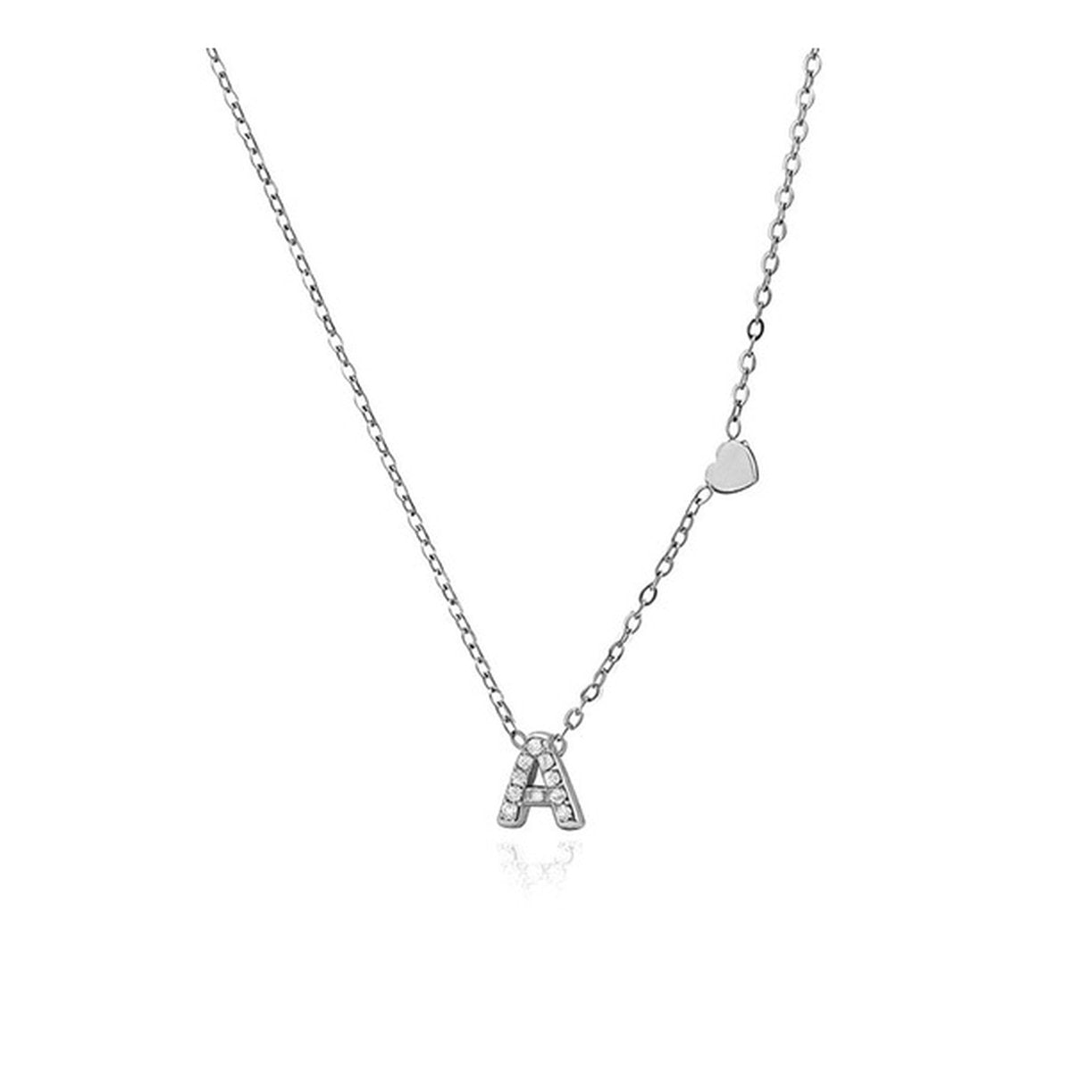 Collar inicial con circonitas y corazón de acero inoxidable plateado - Keoki Shop
