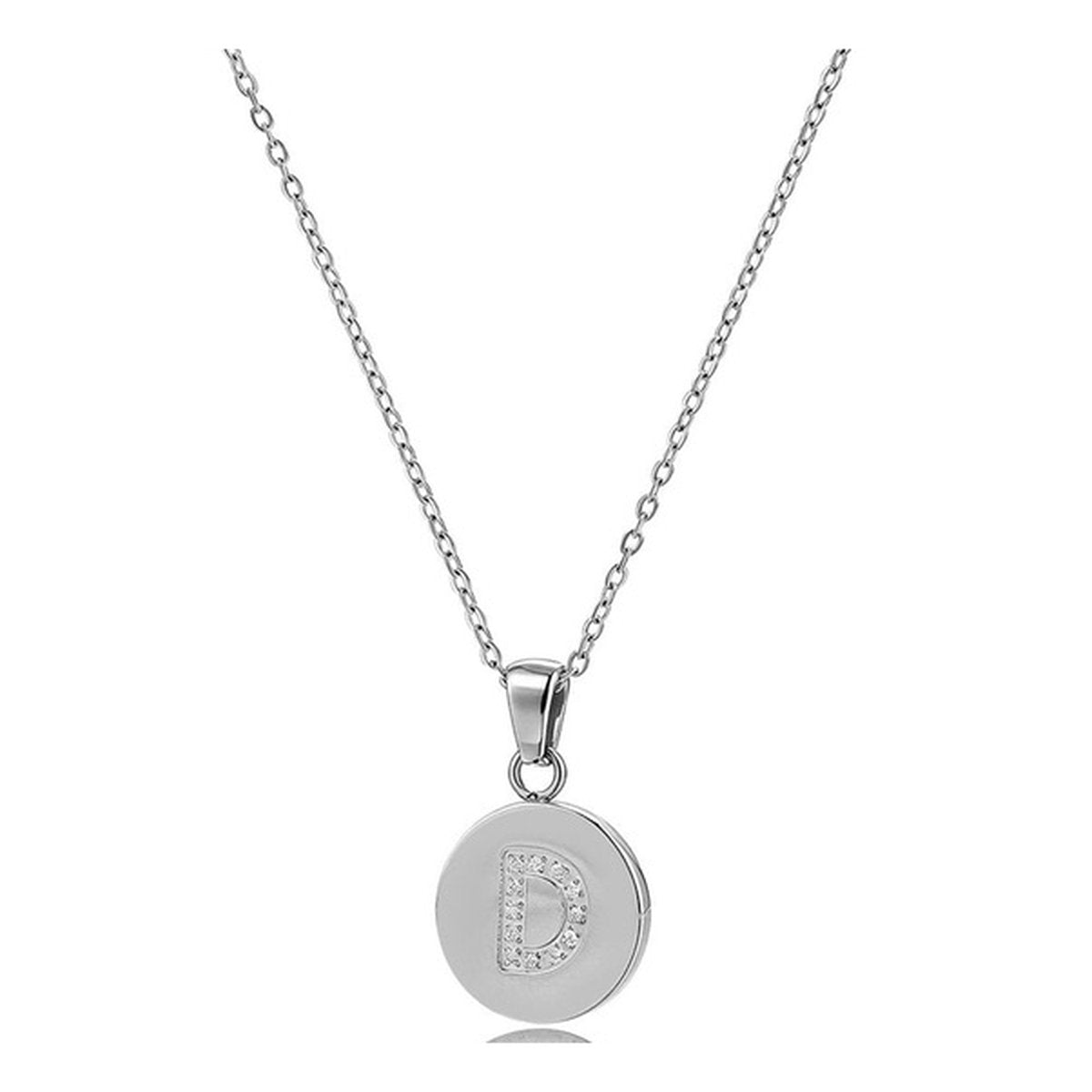 Collar medalla con inicial de circonitas de acero inoxidable plateado - Keoki Shop